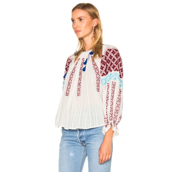 Ulla Johnson | Mila Embroidered Boho Blouse Top With Tassels - Picture 4 of 8